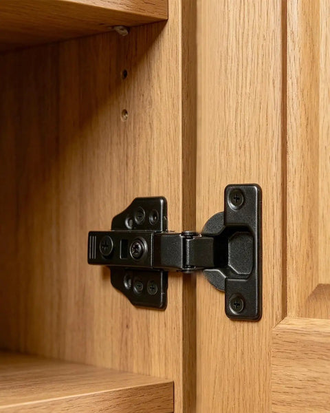 Gun Black Frameless Half Cover Cabinet Hinge 105 Degree Soft Close installed on wooden cabinet