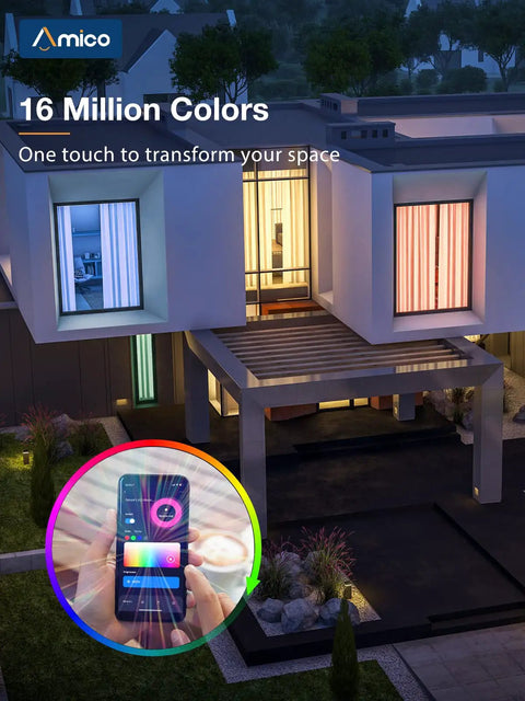 Smart 5 To 6 Inch Recessed LED Can Lights 4 Pack With RGBCW Color Changing, WiFi Enabled Downlights illuminating a house exterior