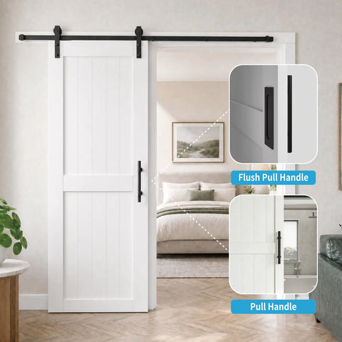 36 By 84 Inch Solid Pine Sliding Barn Door With Slick Rolling Hardware Kit For Bedroom And Bathroom Frictionless Slide Room Divider No Sweat Install Premium Grade Build showing flush and pull handle options.
