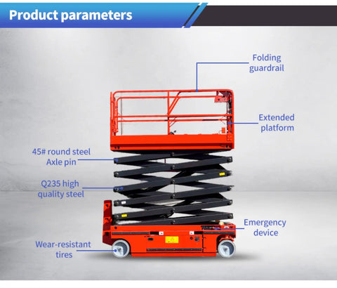 Heavy Duty Electric Scissor Lift Platform Smooth Operator For Zero Sweat Warehouse Loading Adjustable height with folding guardrail and wheels.