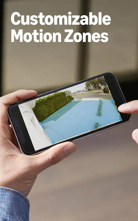 Person adjusting customizable motion zones on phone for Spotlight Cam Pro Battery Security Camera For Home Or Business With Retinal 2K Video, Color Night Vision, Two Way Talk, HDR Imaging, 3D Motion Detection, And Dual Band WiFi For Quick Setup And Reliable Protection.
