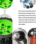Four Piece M2 Nylon Insert Flange Lock Nuts Delivering Hella Secure Hold And Dead Nut Tight Fit For RC Trucks Home Furniture DIY Mods And Small Scale Industrial Hardware Fasteners That Will Never Work Loose On You shown on RC tire and engine.