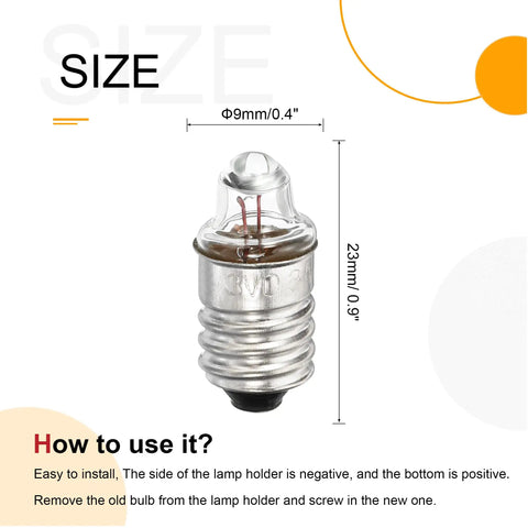 Hella Bright E10 Miniature Bulbs, DC 3V Warm Yellow Glow Screw Base Torch Lamps Indicator Lights, size 23mm glass dome design.