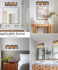 Rustic Three Light Vanity Fixture With Industrial Black Finish And Faux Wood Back Panel in various room settings.