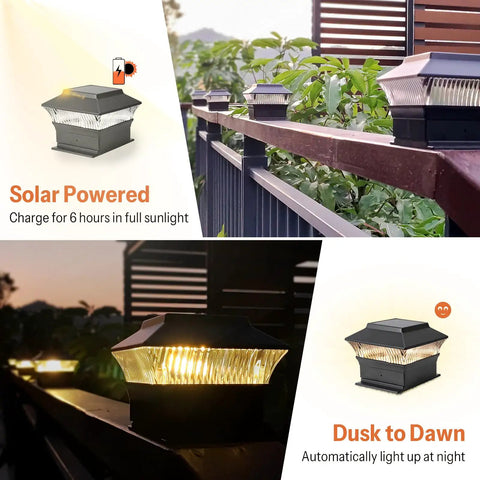 8 Pack Solar Post Cap Lights for Flat Surfaces and 4x4 Vinyl Posts Also Fits 4x6 Wood Sits On Top glowing on fence