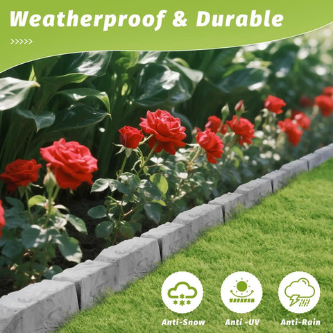 Heavy Duty Garden Edge Borders 16 Pack No Dig Lawn Edging for Landscaping with red flowers and green grass