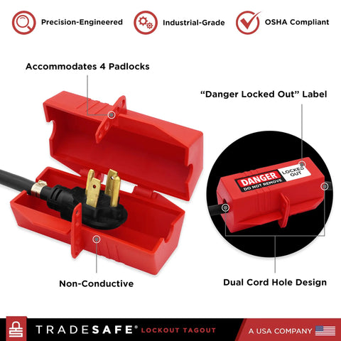 Two Pack 220 Volt Plug Lockout Device Set For Lock Out Tag Out Large Power Cord Locks Fits Plugs Up To Three Inch Diameter Locks Out Up To Two Plugs At Once Durable Electrical Safety Lockout Gear For Worksite, showing open red lockout device with cord.