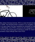 Black cruiser bike with text overlay about FITO brand, American design, Taiwan manufacturing, and Los Angeles headquarters