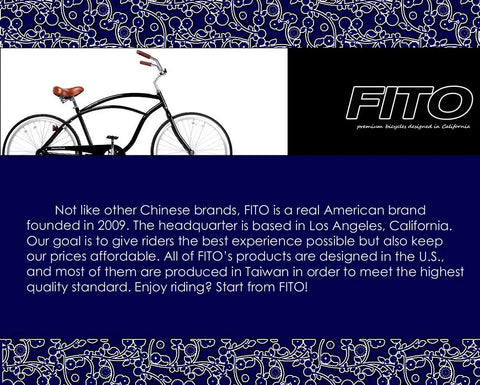 Black cruiser bike with text overlay about FITO brand, American design, Taiwan manufacturing, and Los Angeles headquarters