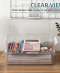 Two Pack Plastic File Storage Boxes With Lids And Latches Clear Flat A4 Document Organizer on desk with stationery