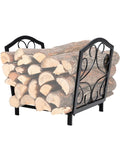 Compact 17 Inch Firewood Rack For Indoor And Outdoor Use Built To Last Wrought Iron Frame filled with logs