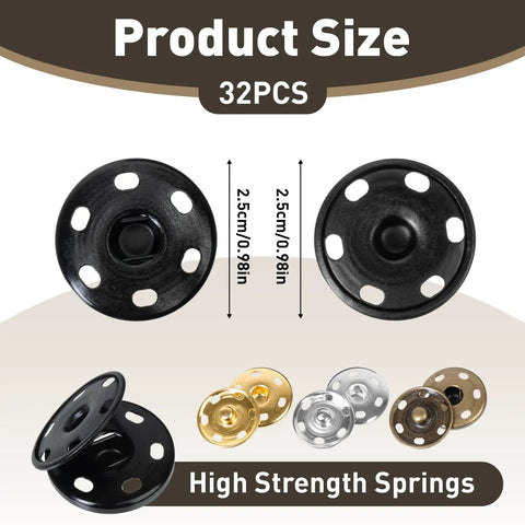 32 Sets 1 Inch Brass Sew On Snap Buttons Heavy Duty Metal Snap Fasteners For Fabric Coats Jackets Bags Purses Diy Leather Crafts Mixed Color Gold Silver Black Bronze Eight Sets Each, shown with size details and black button close-up.