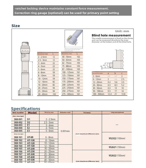 Premium Three Point Internal Aperture Micrometer specifications and size chart for precise hole diameter measurements.