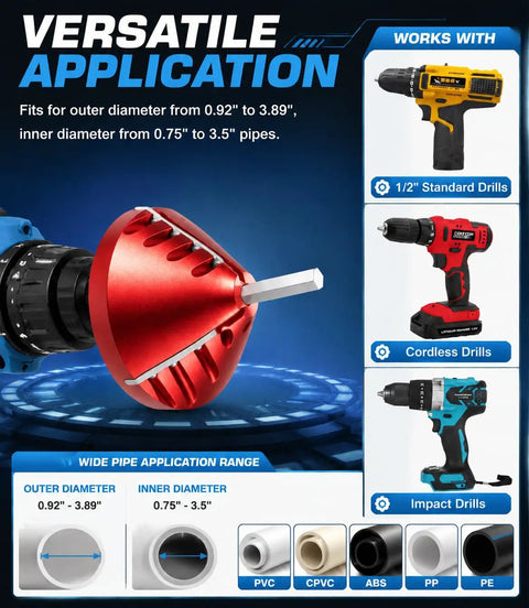 Built Tough 2 In 1 Pipe Deburring Reamer Tool For Pvc Cpvc Abs And Pe Tubing Drill Run beveler with red cutting head and drill.