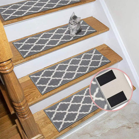 Kitten on stairs with gray patterned stair treads, inset showing 2x4 Inch Self Adhesive Hook And Loop Tape Set, Industrial Strength Sticky Back Fasteners.
