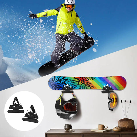Heavy Duty Snowboard Wall Mount Set Space Saving Indoor Board Rack For Garage Or Bedroom with colorful snowboard and helmet display.