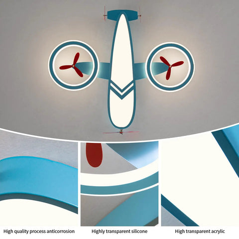 Top view of blue airplane-themed 24.8 inch LED flush mount ceiling light with details for bedroom, nursery, and playroom.