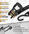 Close-up of black Beefy Heavy Duty Ratchet Straps 1.6 Inch Wide By 16 Ft Long With S Hooks and Soft Loops, 5208Lb Break Strength