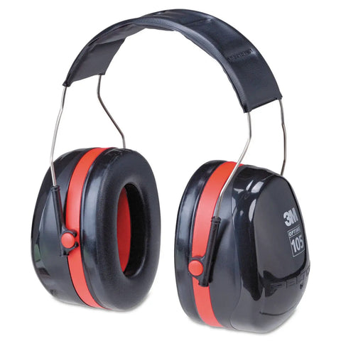 Optime 105 High Performance Ear Muffs, All Day Comfort Over The Head Earmuffs With Double Shell Tech, Stainless Steel Headband For Low Pressure Fit, Earcup Tilt For Comfort, Black Red, One Pair