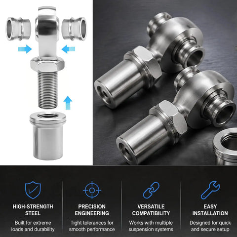 Seven Eighth Inch Fourteen Thread Heim Joint Rod Ends Pair Heavy Duty Steel Ball Bearings Steering Suspension Alignment Kit For Trucks And Cars With Spacers And Locking Nuts Built Tough For No Slack Setup, showcasing durable steel construction and detailed design.