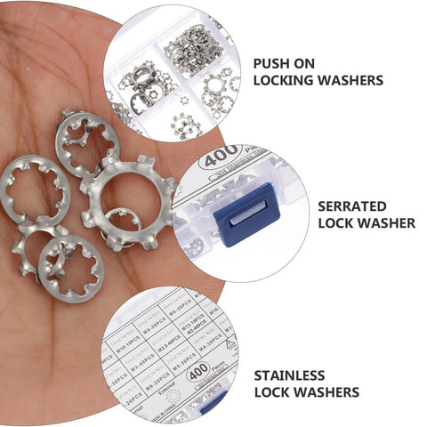 Hand holding Internal And External Tooth Serrated Lock Washers Kit Heavy Duty Stainless Steel M2 To 12 and storage box