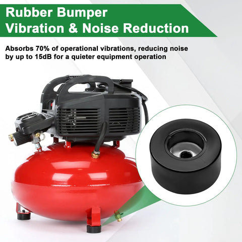 Heavy Duty Anti Vibration Rubber Feet Pad Set For Air Compressors Generators And Pressure Washers With Included Hardware To Ditch The Rattle And Keep Your Gear Running Smooth, showcasing rubber bumper on red air compressor.