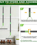 Dual Action Dethatcher Rake With 21 Tines And Adjustable Long Handle From 40 To 70 Inches mounted on wall, assembly steps shown