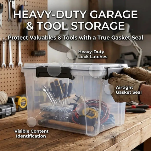 Hella Sturdy 19 Quart Stackable Storage Bin With Airtight Gasket Seal And Clear Body for tools, heavy-duty clear bin on a workshop table.