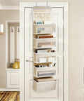 Heavy Duty Over The Door Organizer And Hanging Closet Storage Rack With Multiple Pockets keeps your bathroom tidy with beige pouches.