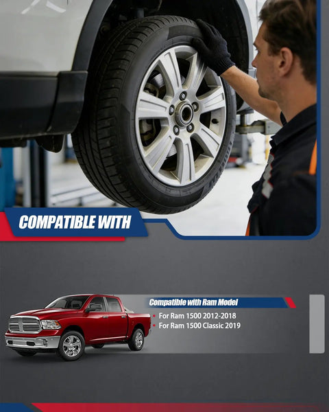 Heavy Duty Front Wheel Hub Bearing Assembly Compatible With Ram 1500 And Ram 1500 Classic, shown during installation with tire.