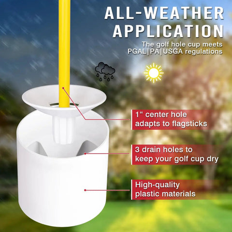 Two Pack 3Ft Golf Flagstick Mini Putting Green With Hole Cup Set detail showing plastic cup with drain holes