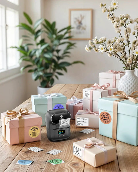 Bluetooth Portable Label Printer For Small Biz Fast Thermal Label Maker For Barcodes Addresses Clothing Pricing Mail Jewelry Cables And More Works With Phone And PC, shown on a table with labeled gift boxes.
