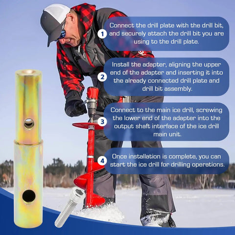 Universal Ice Fishing Power Auger Adapter Converting K Drill And Strikemaster Lite Flite To Clam Drill Plate with installation steps.