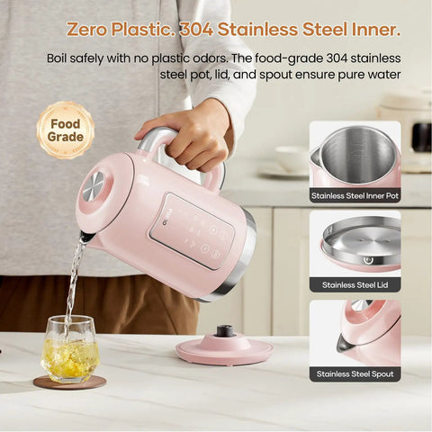 Person pouring from a 1.5L Stainless Steel Smart Electric Kettle With Temperature Control, Six Precise Presets, 1200W Fast Boil, Pink Finish