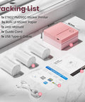 PM290C Portable Mini Sticker Printer Inkless Bluetooth Maker With Three Rolls Of White Thermal Sticker Paper, Pink packaging.