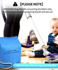 Replacement Wet Dry Vac Filter Bags For Stinger 2.5-5 Gallon Vacuums next to toddler with vacuum in living room