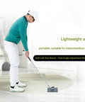 Swing Analysis Board With Lie Fitting Indicators For Right and Left Handed Players To Level Up Your Swing Mechanics With Durable ABS Surface 40 By 20 Cm in use indoors by golfer in white and green attire