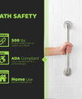 Close-up of Heavy Duty 24 Inch Bathroom Grab Bar With Rock Solid Brushed Stainless Steel and Slick Concealed Screws for easy grip.