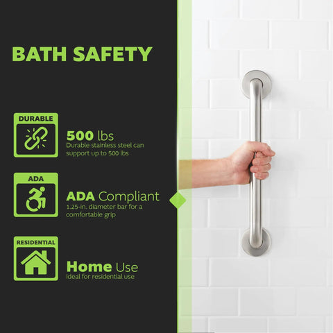 Close-up of Heavy Duty 24 Inch Bathroom Grab Bar With Rock Solid Brushed Stainless Steel and Slick Concealed Screws for easy grip.