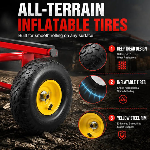 Heavy Duty 1200 Lbs All Terrain Dolly With Six 10 Inch Inflatable Tires showing deep tread design and yellow steel rim for strength.