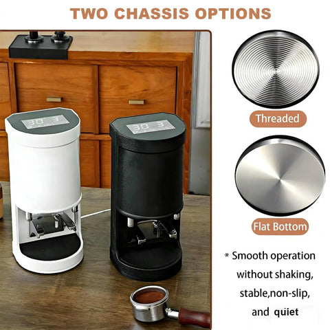 Automatic Coffee Tamper With 58Mm Portafilter, two chassis options in black and white, touch activated for espresso leveling.