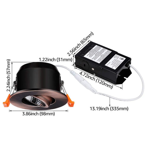 E Star Series 3 Inch Gimbal LED Recessed Light With Junction Box No Brainer Install, oil rubbed bronze, dimensions shown