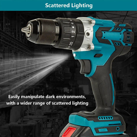 Badass Brushless Cordless Drill And Heavy Duty Screwdriver Kit With Bright Led Work Lamp showcasing scattered lighting and adjustable chuck.