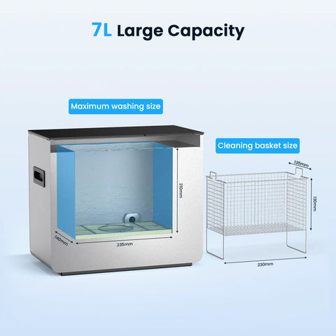 40 Kilohertz Ultrasonic Resin Cleaner And Wash Station For 3D Prints Hella Easy features a 7L tank for cleaning 3D prints.