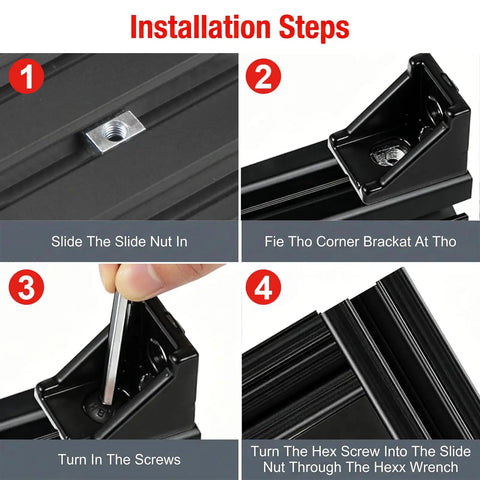 Installation steps for 40 Piece Black Anodized 2020 Aluminum Extrusion Bracket Kit For 20 Series T Slot Fasteners, showing corner brackets and T-nuts.