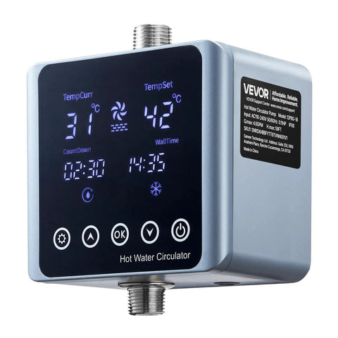 Smart Digital Instant Hot Water Recirculating Pump Kit under sink with Thermostat Timer display showing temperature settings.