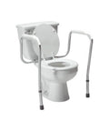 Adjustable Bathroom Safety Rail Grab Bar With Contoured Handgrips For Steady Rising Support Built Tough Frame Holds Two Hundred Fifty LBS No Sweat Tool Free Mount For Reliable Daily Accessibility on a white toilet.