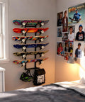 Heavy Duty 6 Layer Skateboard Floor Stand And Wall Mount Rack To Park Longboard Cruiser And Mini Deck Plus Snowboard Storage Rack Shop Grade For The Squad That Likes To Stack Up The Gear Without The Drama showcasing six colorful skateboards mounted on a wall.