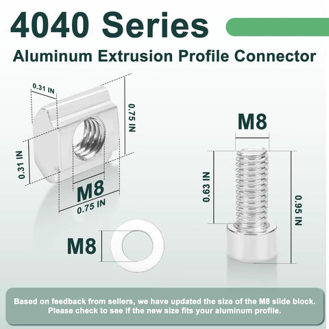 M8 t slot sliding nut and hex bolt measuring for Pro Level 4040 Series Aluminum Extrusion Profile Connector Kit use.