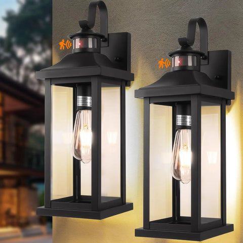 Hella Bright Motion Sensor Porch Light With Slick Dusk To Dawn Detection, matte black 18 inch lanterns for security use.